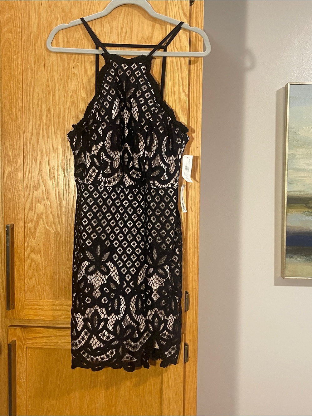 Jodi Kristopher Black Lace Halter-Style Cocktail Dress